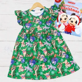 $15.00 EA - 3-4 X 2, 4-5 X 2, 5-6 X 1 - Girls Fun Holiday Character Dresses - Green Pooh & Friends 100-Acre Wood Christmas