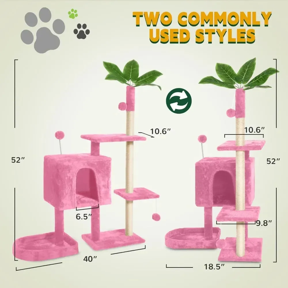 52" Multi-Level Cozy Plush Cat Tree with Green Leaves