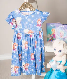 Girls Fun Character Dresses - Blue Sister Snowflake