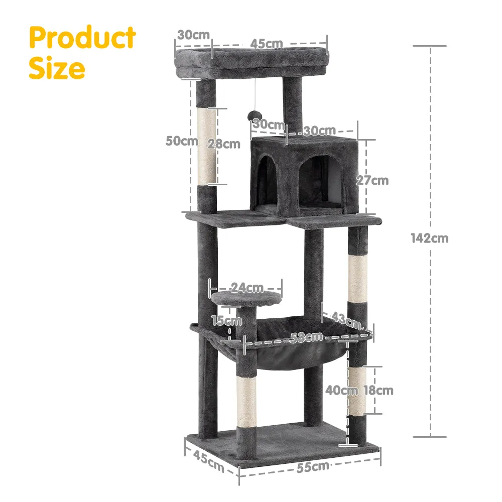 Petzly Cat Tree Tower Scratching Post Scratcher Condo House Bed 142cm Dark Grey