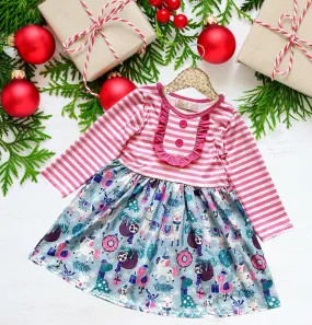 Winter Fun Girls Twirl Dresses - Pink Christmas Sloths   Stripes